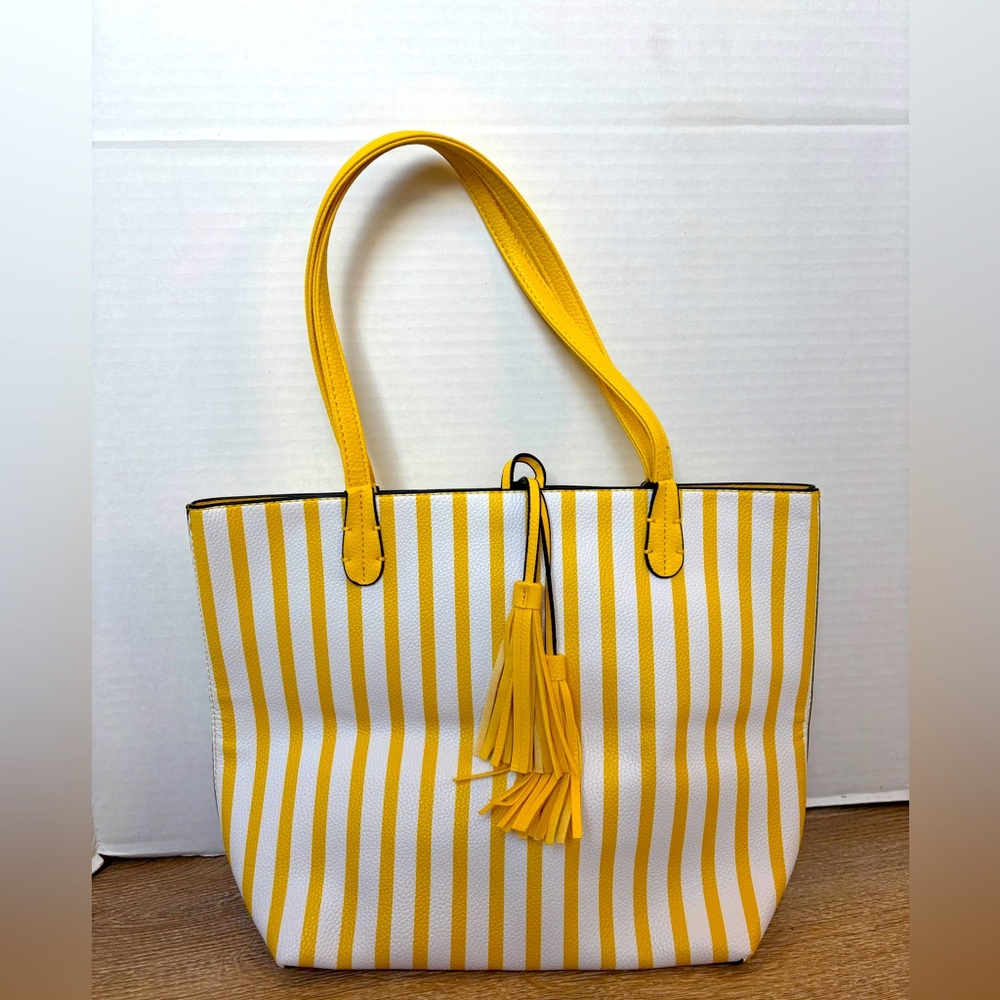 Yellow & White Striped Tassel Tote Bag | Summer Beach Shopper